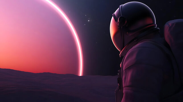 Astronaut gazes at a vibrant alien planetrise, helmet reflecting the distant stars and unknown terrain. A moment of space exploration and discovery.