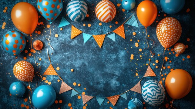 Festive orange and blue balloons, confetti, and bunting on dark background - Powered by Adobe