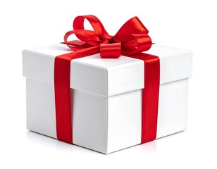 A pristine white box, tied with a vibrant red ribbon and bow, sits isolated against a plain white backdrop. It evokes celebration