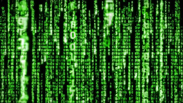 Green falling binary code rain, digital stream of matrix background, technology concept, data flow, coding symbols.