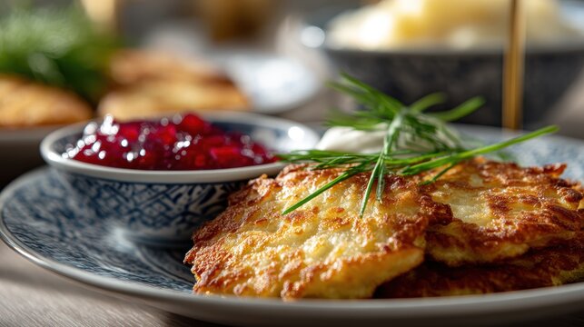 hanukkah table display, stylish hanukkah dinner with traditional potato latkes, classic accouterments, and elegant food styling in warm light