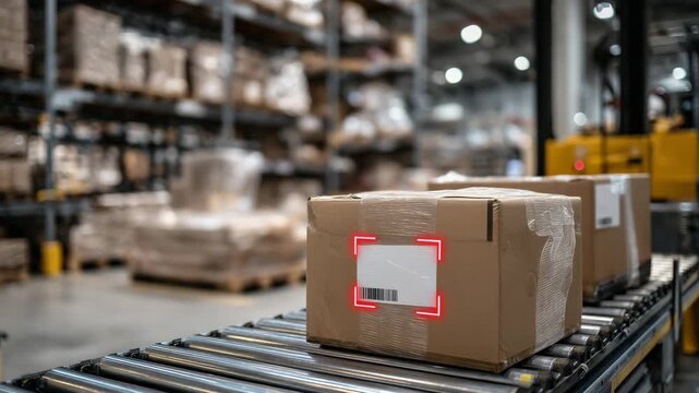 107Close view of taped cardboard box being scanned with red barcode laser, pallets of goods and high warehouse racks visible in soft background