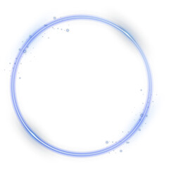 Bright blue neon circular frame with glowing laser light and spark swirl. Futuristic illuminated ring banner for sci-fi, tech, and modern digital design templates.