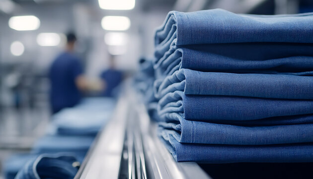 Neatly stacked blue denim textiles at a manufacturing facility highlight the production and distribution in a contemporary clothing factory setting.