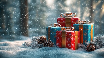 Snowy forest scene with Christmas presents; holiday card