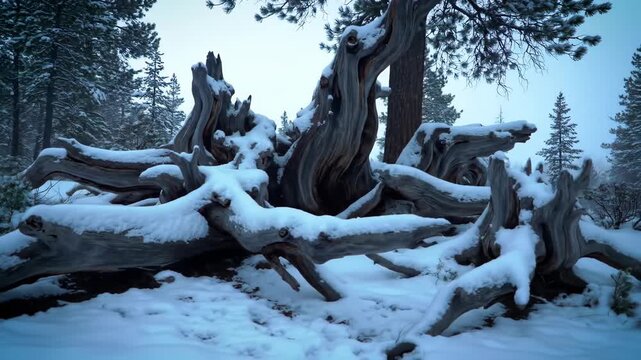 Snowy winter landscape featuring old gnarled tree trunk in a winter forest scene, covered in snow with dense snow-covered trees.