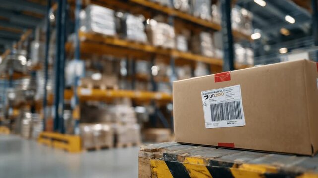 115Close-up on box edges with visible shipping tape and warehouse code, surrounding environment filled with uniform storage racks and orderliness