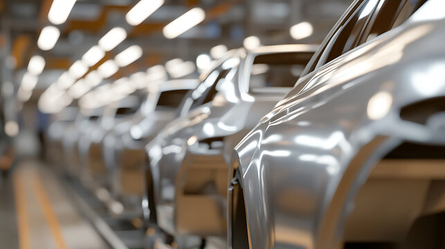 Automotive bodies on a factory floor. Rows of new vehicle frames, shiny and awaiting assembly, under bright industrial lighting. Manufacturing process.