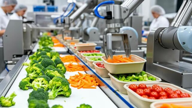 Automated robot arm moves vegetable pieces into food packaging containers on an industrial production line in a factory. Automation technology footage.