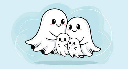 Obraz premium Vector art of cute cartoon family of four white ghosts on a light blue background