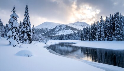 Fototapeta premium A snowy winter scene features a tranquil river flowing through a frosted forest, leading to a mountain range. The cloudy sky peeks through