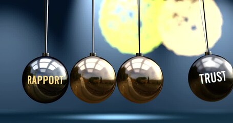 Rapport leads to trust. Cause and effect relation between rapport and trust. A Newton cradle metaphor in which rapport gives power to set trust in motion. Can be looped. 