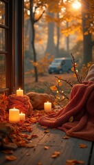 A cozy autumn scene featuring candles and a blanket by a window with a view of an orange forest
