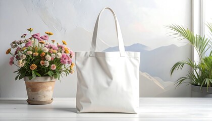 A plain, cream-colored tote bag stands upright against a blurred backdrop of mountains and sunlight. A pot of colorful flowers and a green plant frame the scene