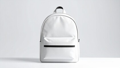 Obraz premium A plain white backpack with a smooth texture and minimalist design stands upright against a light gray background