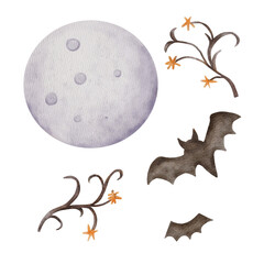 Watercolor full moon, bats, and branches. Hand painted Halloween design element perfect for spooky card, invitation, or night illustration.
