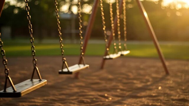 Empty playground swings moving gently at golden hour with sunlight flare on a sand ground, summer outdoor fun footage