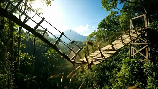 Collapsing jungle bridge overlooking a mountain in a lush tropical forest, danger and adventure concept animation