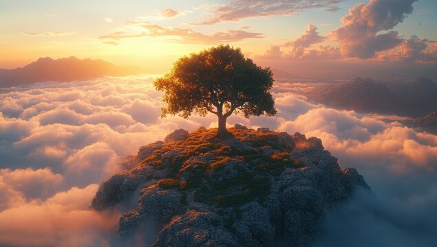 Lone Tree On Rocky Mountaintop Surrounded By Clouds At Golden Hour