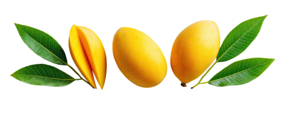 Three ripe mangoes with leaves