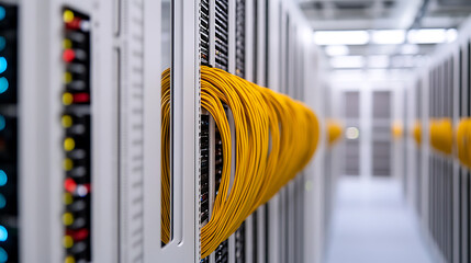Data Center Connectivity: Yellow cables link servers, ensuring seamless network operations and data flow within a secure, climate-controlled environment.