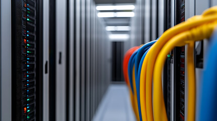 Data center: Network cables connect servers in an orderly server room. Steady operation, efficient data processing, and infrastructure.