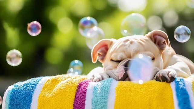 A cute bulldog puppy is peacefully sleeping on a colorful towel while bubbles float gently around it in a sunny outdoor setting.