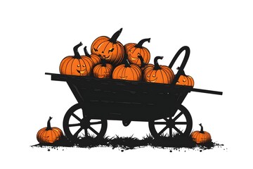 Halloween pumpkin harvest in a vintage wheelbarrow, festive autumn illustration for seasonal celebrations.