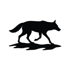Black Silhouette of a Majestic Wolf Walking with a Shadow on White, wolf crossing stream silhouette vector illustration