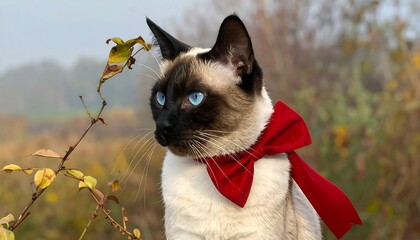 Siamese cat wearing a red bow tie with bright blue eyes