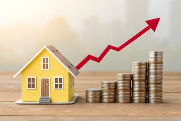 Yellow house model with rising coin stacks and red arrow graph