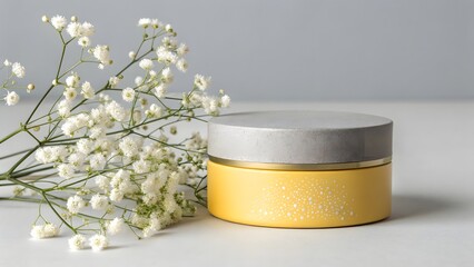 Yellow Jar with Grey Lid and Baby's Breath Flowers