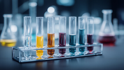 Row of laboratory test tubes illustrating chemical analysis, experimental comparison, and evidence based research for quality control and discovery.
