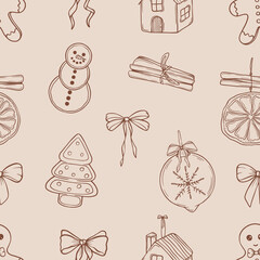 Christmas seamless pattern, minimalistic line art