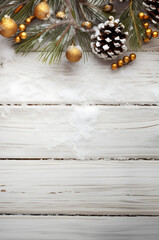 Golden Christmas balls and baubles, pine cones and spruce branches covered with snow on white wooden board background.