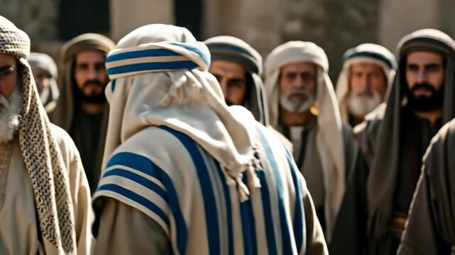 Elderly man with beard and striped head covering turning among ancient people, biblical time animation