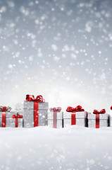 Large horizontal row of Christmas gifts with red ribbons and spruce trees on snow covered surface, snowfall and abstract background with snowflakes and sparkling lights.