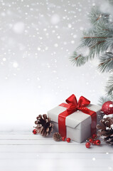Christmas gift with red ribbons, balls and baubles on snow covered surface, snowfall and abstract background with sparkling lights and snowflakes.