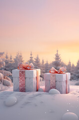 Christmas gift pair with red ribbons on snow covered surface, snowfall and abstract background with snowflakes, spruce trees and sunset.