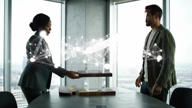 Diverse Business Professionals Visualizing Growth Through Collaborative Data Presentation and Augmented Reality Technology in a Modern Office. - Powered by Adobe