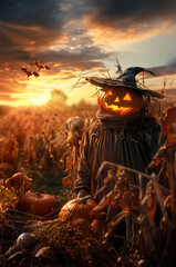 Scarecrow made of shining carved Halloween pumpkin and rags standing the harvested field in autumn in the evening with sunset. Concept of Halloween celebration, Trick or Treat and season.