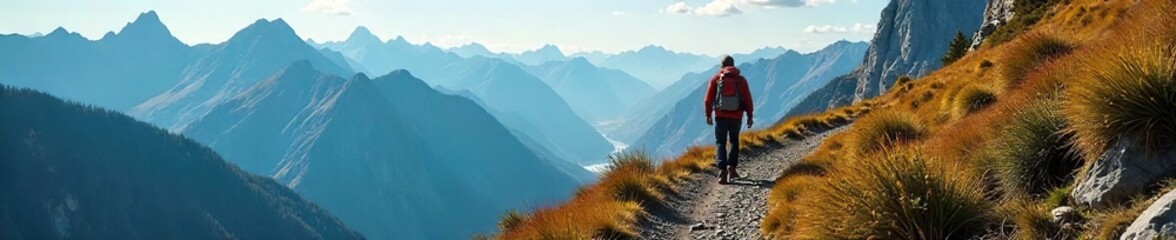 Solitary Hiker on Breathtaking Mountain Trail Adventure, Solitude, and Untouched Wilderness Scenery