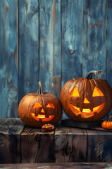 Still life with two shining carved Halloween pumpkins on wooden board surface and background. Concept of Halloween celebration, Trick or Treat and season.