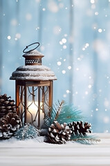 Lantern with burning candle, pine cones and spruce and fir branches on wooden board surface covered with snow, abstract background with snowflakes and sparkling light. Horizontal composition.