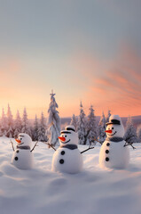 Large row of snowmen on snow covered field in winter with spruce tree forest covered with snow in sunset.