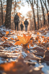 Autumn leaves and first snowflakes settle on a forest trail as hikers pass—capturing the quiet transition between seasons in warm golden hour light.