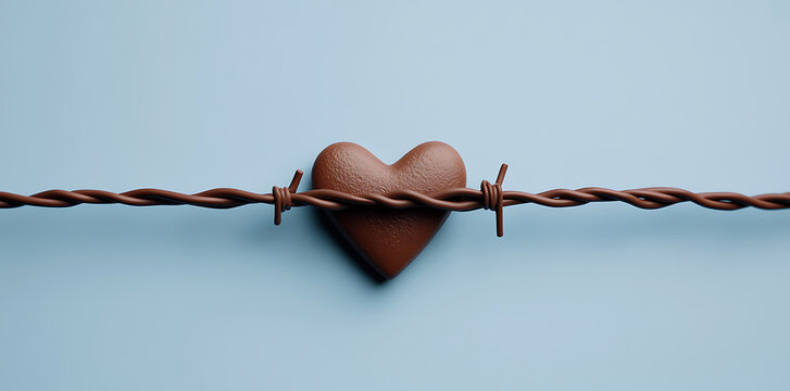 A heart is wrapped in barbed wire, suggesting heartache or a barrier to love. The image evokes themes of pain, protection, and resilience. Light blue backdrop.