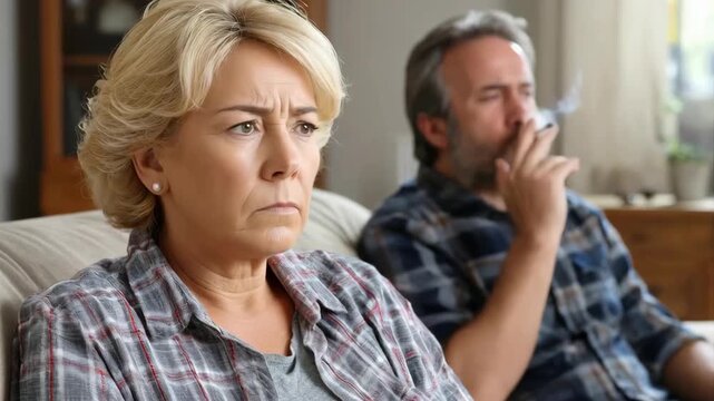A visibly upset woman sits in the foreground, displaying frustration as a man smokes in the background.