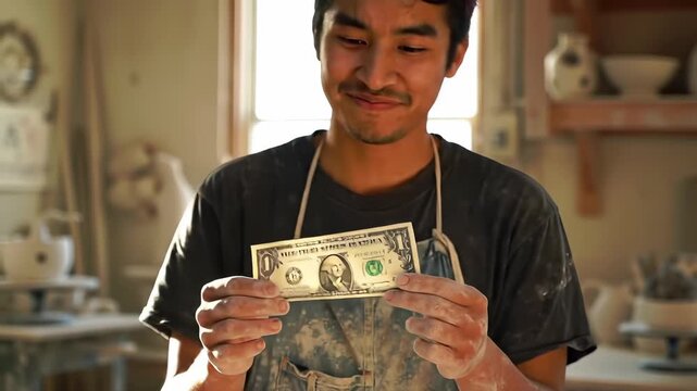 Young East Asian artisan holds a single dollar bill in his pottery studio, reflecting on the value of his creative hard work.