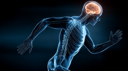 Human skeletal and nervous system in motion demonstrating biomechanics, brain body coordination, and performance science for training and health insights.
